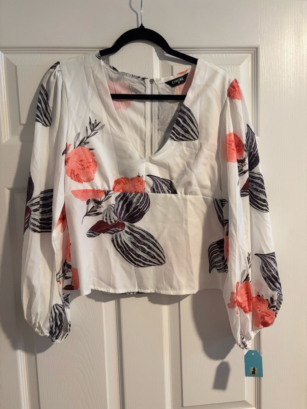 Chicwish White Blouse with Coral Floral Print and Black Leaves